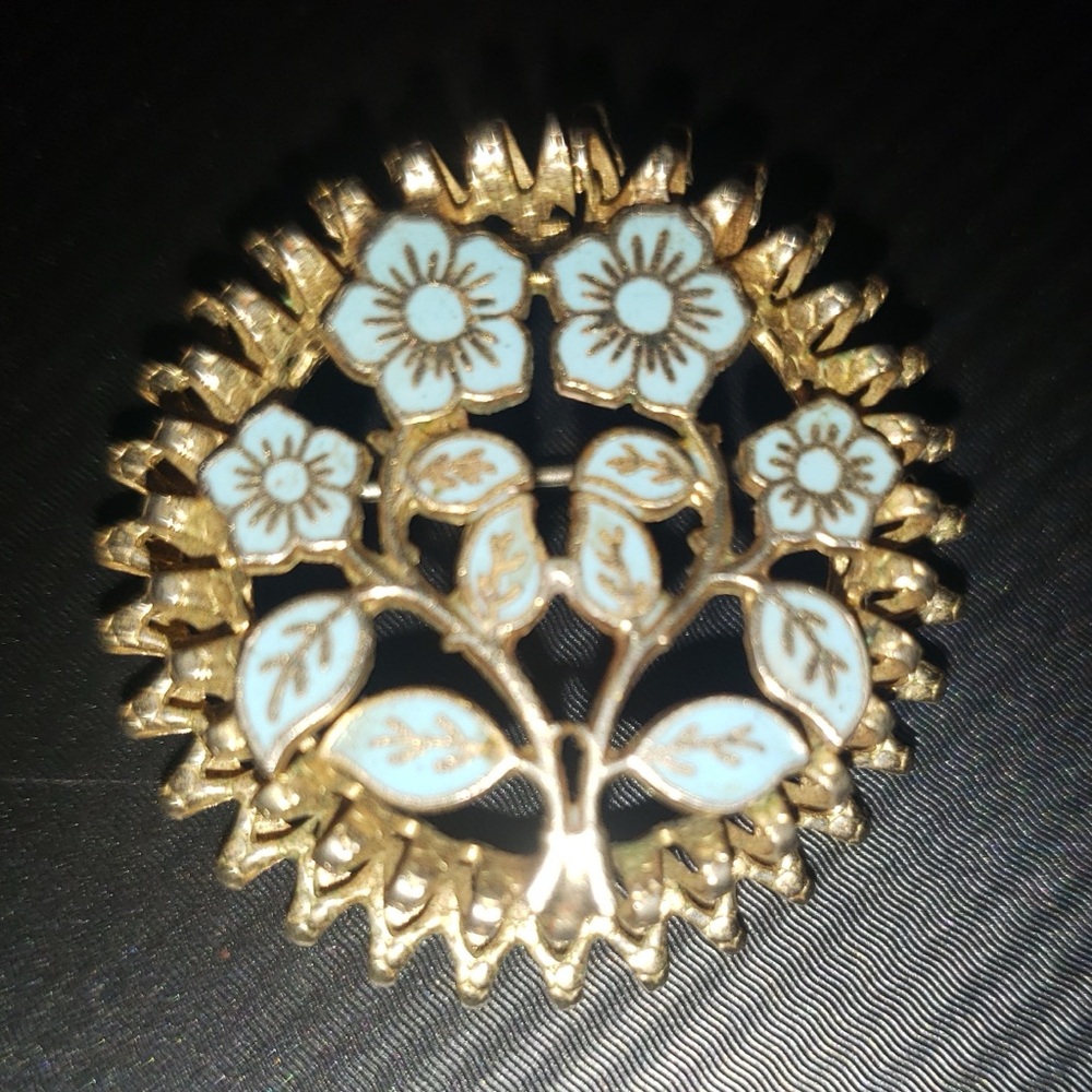 Vintage Extremely Rare Gold and Blue Floral Brooch